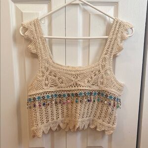 Rebellion Cream and Blue Embellished Crop Tank Top